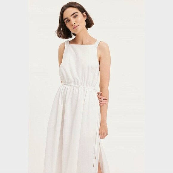 SOLD NWT Country Road White Cotton Maxi Dress Size 16 Elastic Detail Tie Slit - Picture 5 of 16